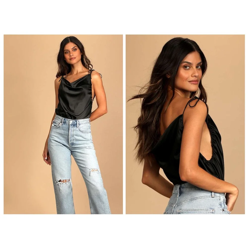 Free People Cowl Neck Camisole Women XS Black Satin‎ Side Ruched Tie Strap Top